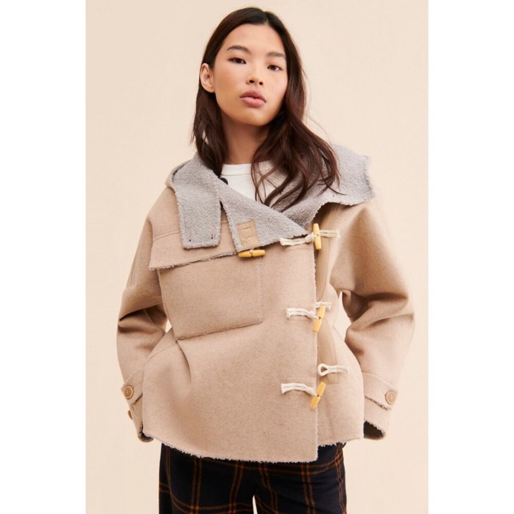 FP We The Free Womens Boho Slouchy Hooded Duffle Toggle Jacket Tan Size XS - Picture 2 of 15